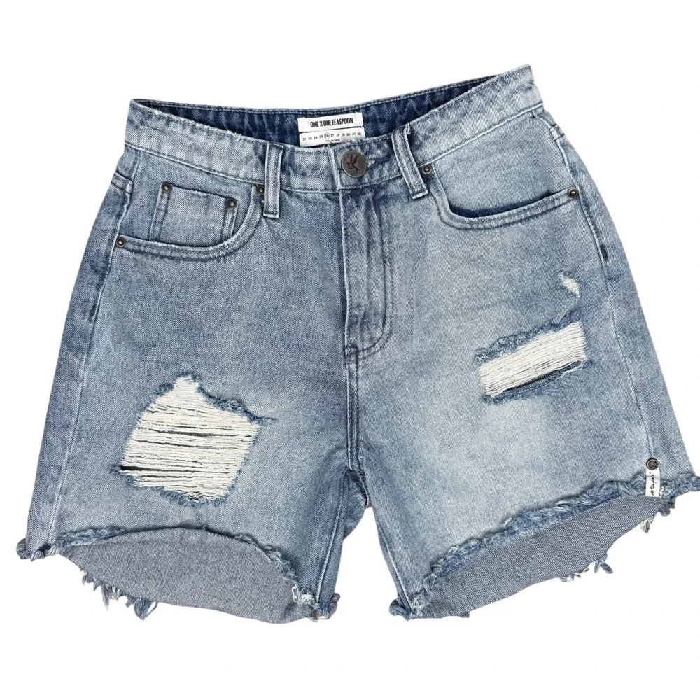 One Teaspoon Legends‎ Shorts 26 Distressed High Rise Raw Hem Jeans Mid Length